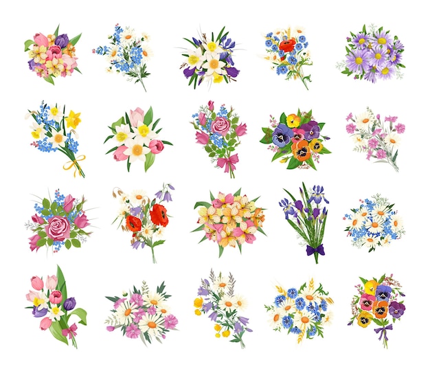 Collection of realistic flower bouquets.