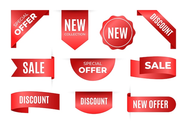 Collection of realistic sale tags with text