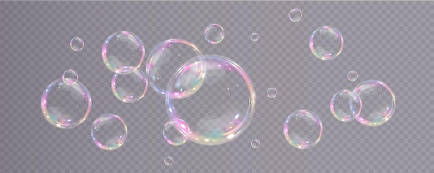 Collection of realistic soap bubbles. Bubbles are located on a transparent background.