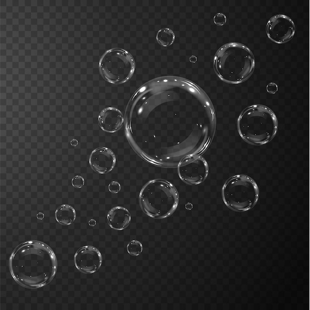 Collection of realistic soap bubbles Bubbles are located on a transparent background