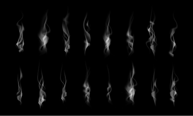 Collection of realistic white smoke steam, waves from coffee, tea, cigarettes, hot food isolated on black background. Vector illustration