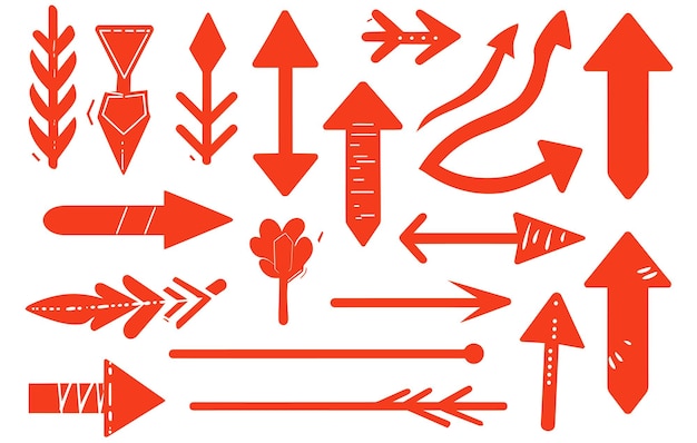 Collection of red arrows as stickers on a white background vector illustration with different styles and directions