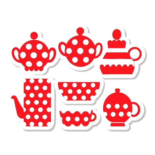 Vector a collection of red polkadotted teapots and cups