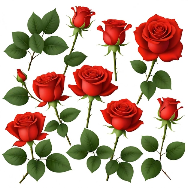 Vector a collection of red roses with green leaves and red roses