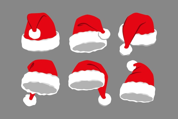 Collection of red Santa Claus hats. Vector illustration. Flat