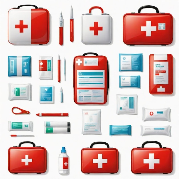 Vector a collection of red and white bags including medical supplies