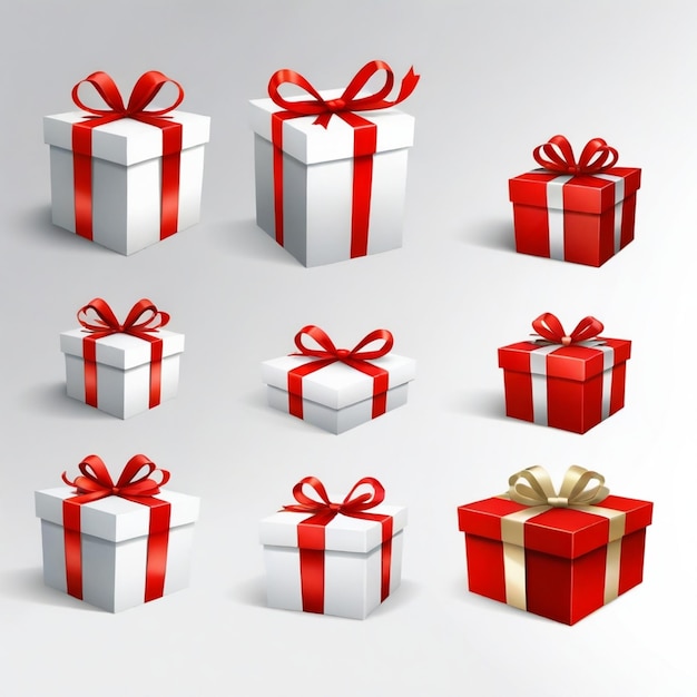 a collection of red and white gift boxes with a red ribbon