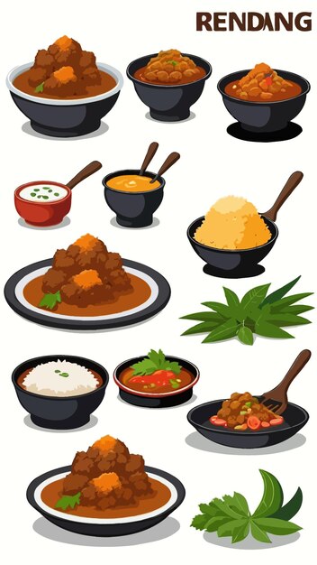 A collection of rendang dishes cartoon drawing artwork illustration vector