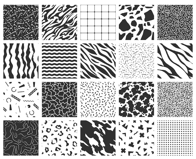 Collection of retro memphis patterns. Black and white textures. Template for your design