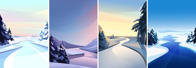 Collection of river landscapes. Winter sceneries in vertical orientation.