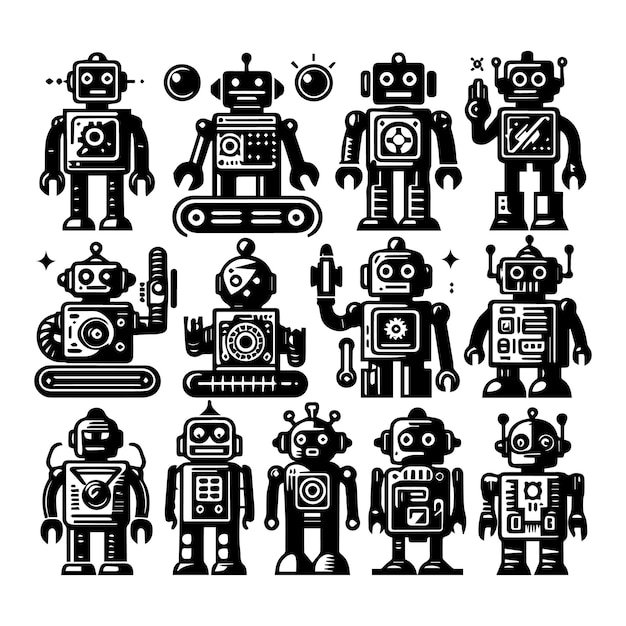 a collection of robots with different characters on them