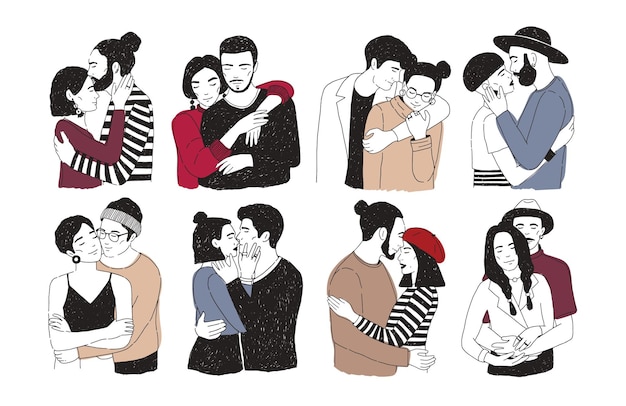 Collection of romantic couples isolated on white background. Set of portraits of men and women in love hugging, cuddling and kissing. Hand drawn vector illustration for Valentine's day greeting card.