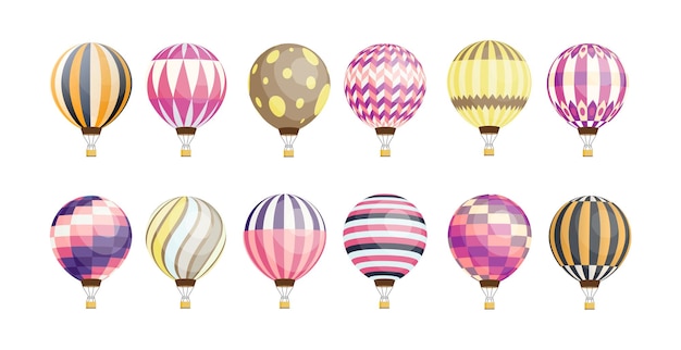 Collection of round hot air balloons of various pattern and color isolated on white background. Bundle of bright colored manned aircrafts. Colorful vector illustration in flat cartoon style.