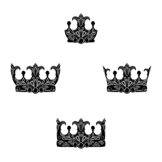 Collection of royal crown symbols in vintage and rococo style with engraving and floral ornaments