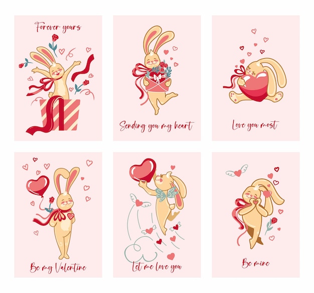 Collection San Valentines illustration Rabbit in love Hearts Celebration Vector