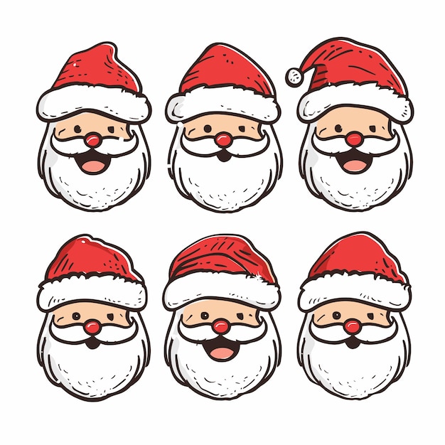 Collection Santa Claus faces wearing traditional red hats Santa character features distinct