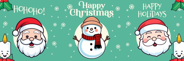 Vector a collection of santa head and snowman a banner for a merry christmas and happy new year