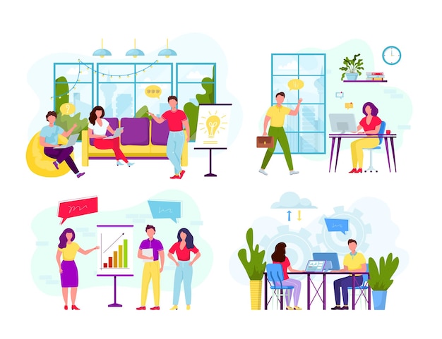 Collection of scenes with group of office workers flat illustration