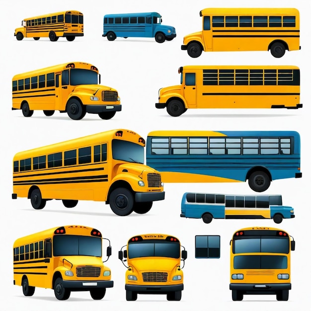 a collection of school buses including one with the number 8 on the front