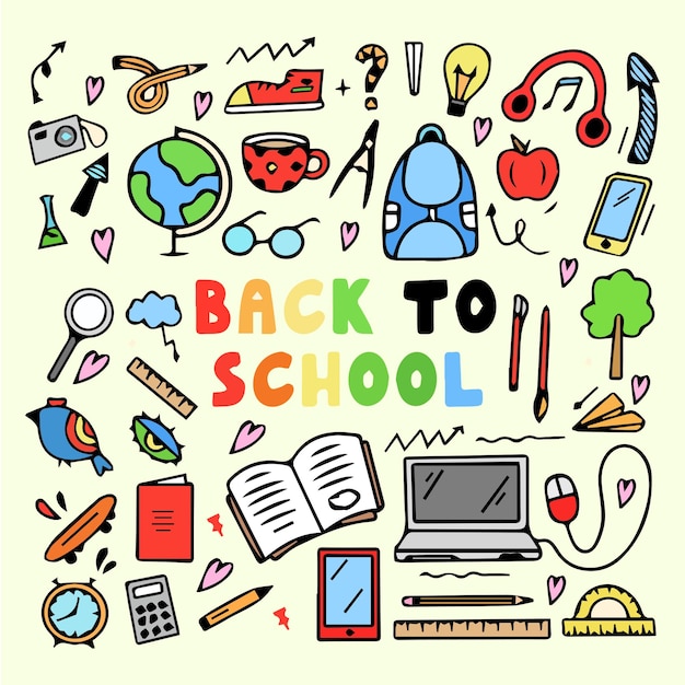 a collection of school related drawings including school supplies Back To School