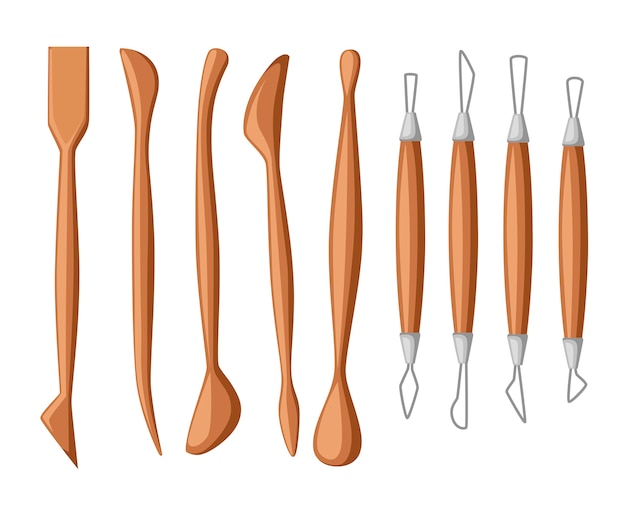 Collection of sculpting tools. Set of clay modeling instrument. Wood and metal material.   illustration