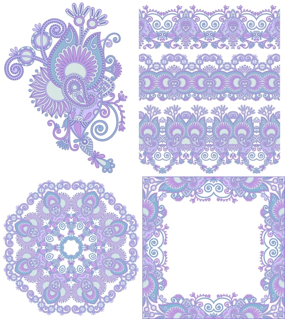 Collection of seamless ornamental floral stripes and flower circle frame