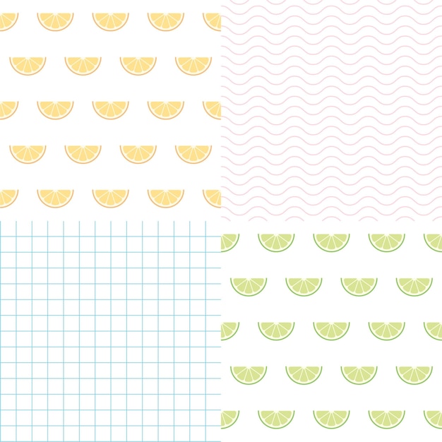 Collection of seamless pattern with fruits and abstract grid and lines