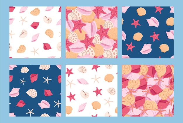 Collection of seamless patterns with seashells and starfishes Flat vector illustration