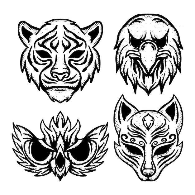 Collection set animal doodle Illustration hand drawn sketch for tattoo, stickers, etc