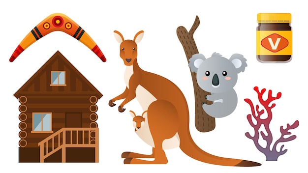 Collection set of Australian items kangaroo koala wooden house coral vegemite aboriginal pattern boomerang