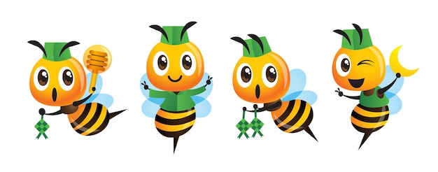 Collection set of cartoon bee in muslim costume celebrating Eid alFitr festival