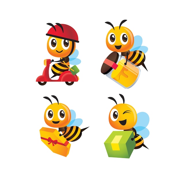 Collection set of cartoon cute bee delivery honey bottle and parcel