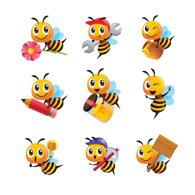 Collection set of cartoon cute bee in different poses