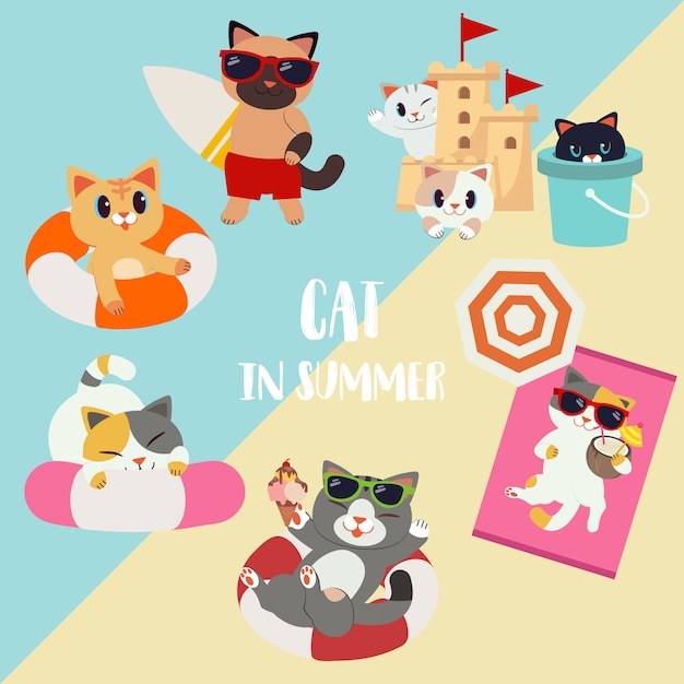 The collection set of character cartoon cat in the summer theme pack. a cat holding a surfboard. a cat play with sand castle and tank. cat use a life ring. and a it was sunbathing.