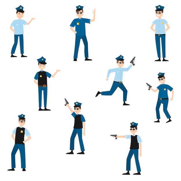 Collection set of cute cartoon American policeman at work in various poses wearing dark blue pants and light blue shirt set.