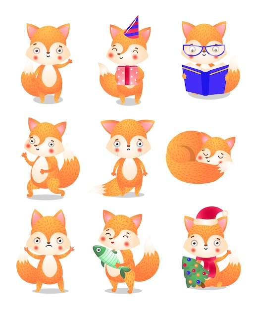 Collection set of cute cartoon little fox in different emotions and actions.