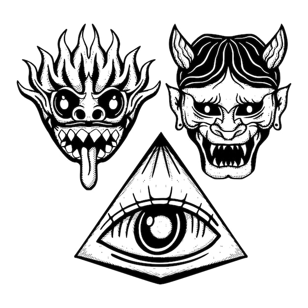 Vector collection set devil illustration hand drawn sketch for tattoo, stickers, etc