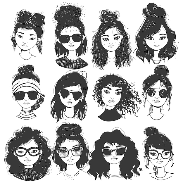 collection set hand drawn doodle cute women with engraving style