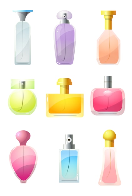 Collection set of perfumed bottles, perfume, cologne, toilet water. Perfume glass bottles in various shapes with caps concept.