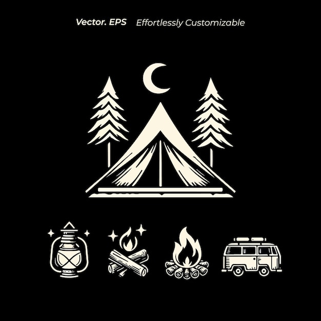 Collection set simple bonfire tent forest lamp van camp illustration logo badge icon sticker