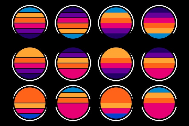 Collection shape circles with sunset background isolated black background