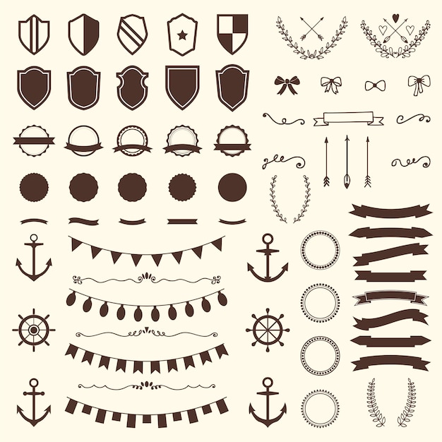 Collection of shields badges and labels Vector design elements Vintage hipster labels arrows bows anchors and rudders