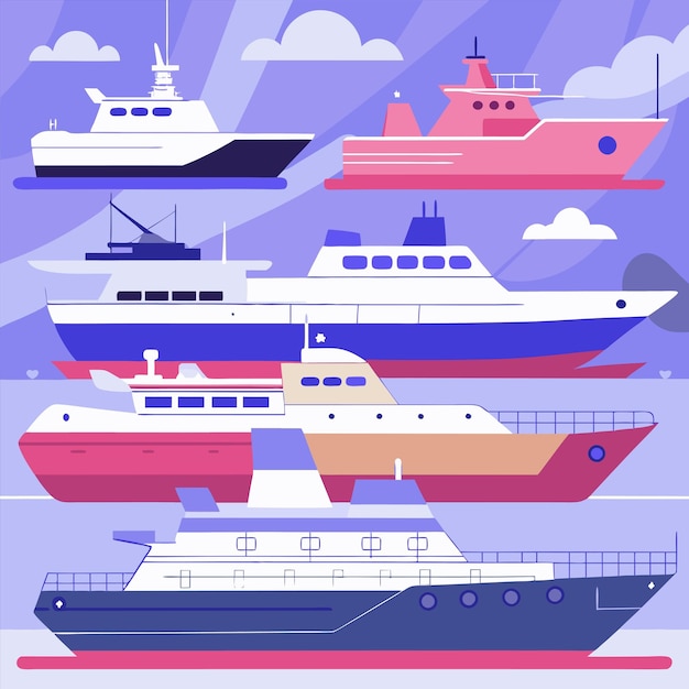 Vector a collection of ships including one that has a blue and pink color