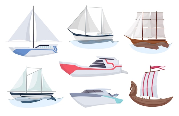 Collection of ships Sea sailboats of water carriage and maritime transport in modern flat style Fishing ship and water speedboats isolated transport icons