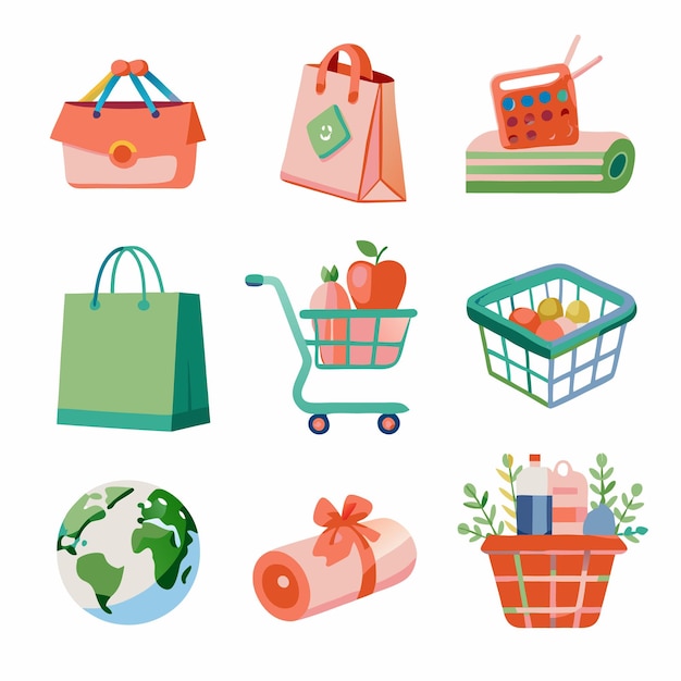 Vector collection of shopping bags baskets and a grocery cart with various goods isolated on a white background