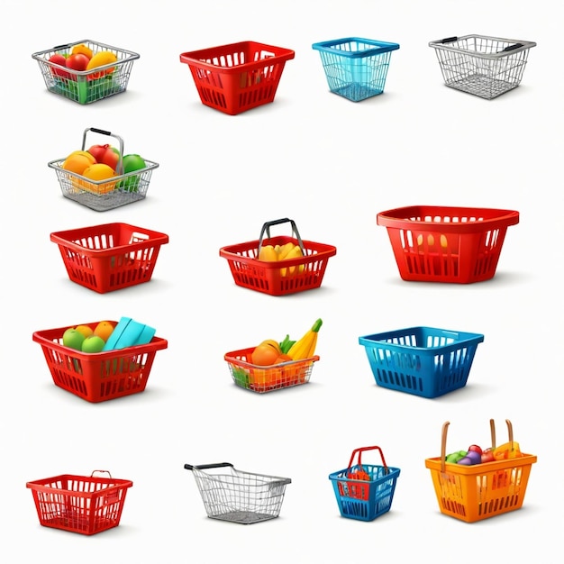 Vector a collection of shopping baskets with a fruit basket in the middle