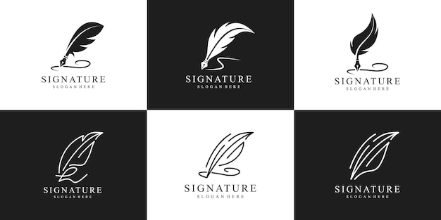 Vector collection of signature handwriting logo design template symbol feather ink logo for notary signature note and etc