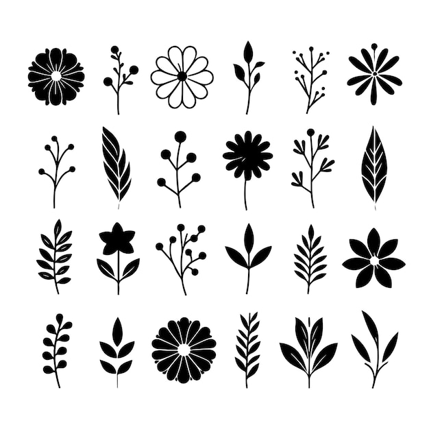 Vector collection of silhouette flower and leaf elements black design on white background