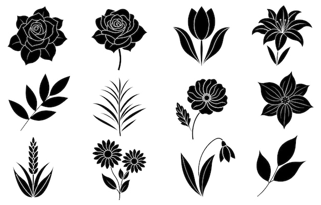 Collection of silhouette flower and leaf elements