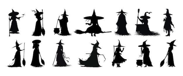 A collection of silhouette of witches halloween elements